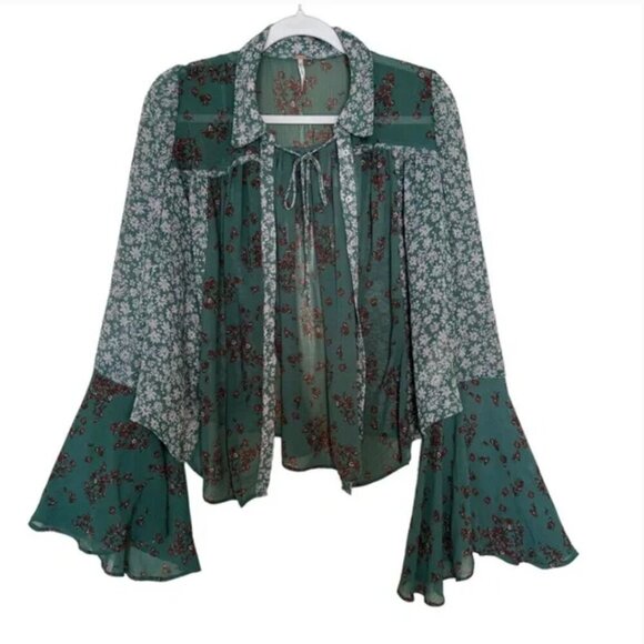 Free People Serena Printed Blouse Emerald Combo size Small - Picture 3 of 8